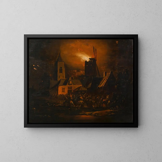Fire of a windmill at night - Albert Poel — framed artwork on a wall