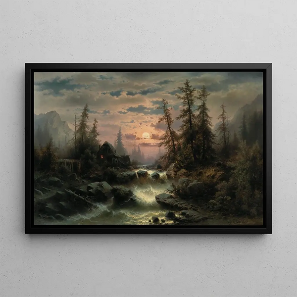 Mountain Stream at Moonlight - Albert Rieger — framed artwork on a wall