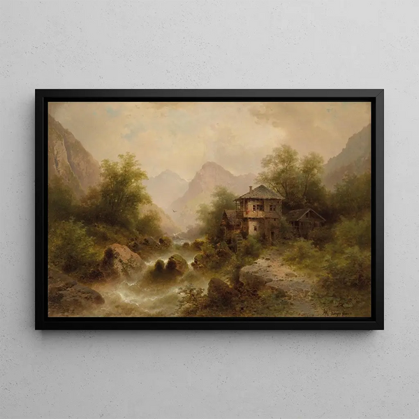 Cascade with Mill - Albert Rieger — framed artwork on a wall