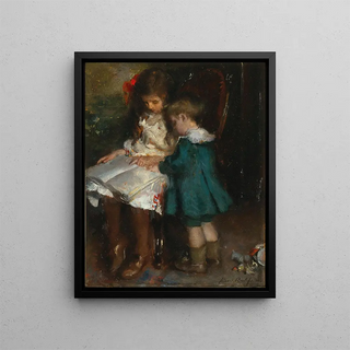 A reading lesson for two brothers and sisters - Albert Roelofs — framed artwork on a wall