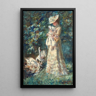 Reproduction of the painting Nourrissant les cygnes l'épouse de l'artiste Tjieke et leur fille Albertine - Albert Roelofs