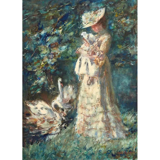 Reproduction of the painting Nourrissant les cygnes l'épouse de l'artiste Tjieke et leur fille Albertine - Albert Roelofs