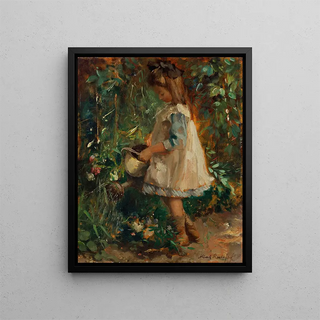 La fille de l'artiste Albertine dans le jardin arrosant les fleurs - Albert Roelofs — framed artwork on a wall