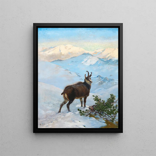 A chamois in the mountains - Albert Singer — framed artwork on a wall