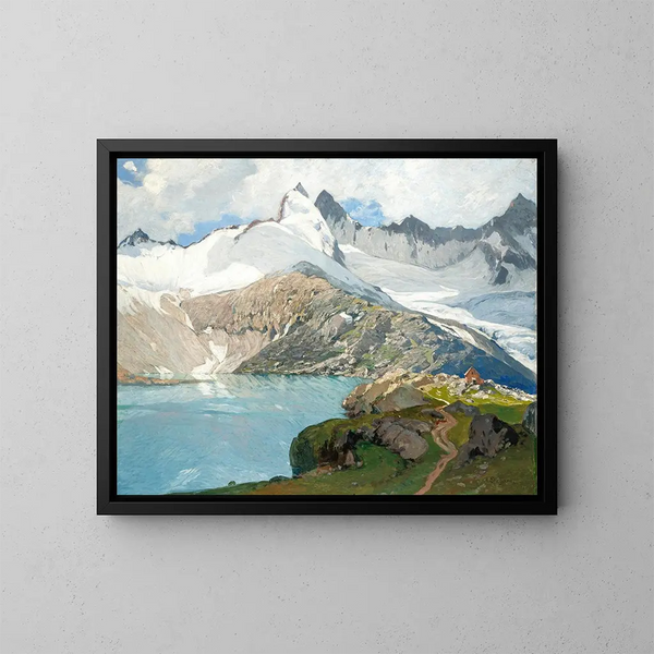 a mountain lake with a cabin - Albert Stagura — framed artwork on a wall