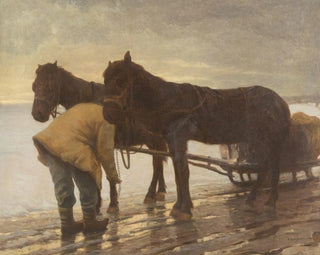 Farm Painting with a horse-drawn cart in a winter landscape - Albert Stagura — artwork view
