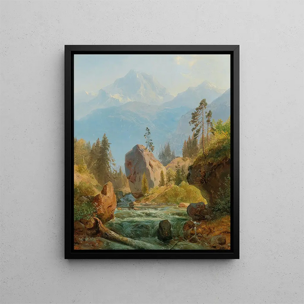 a mountain landscape with stream - Albert Zimmermann — framed artwork on a wall
