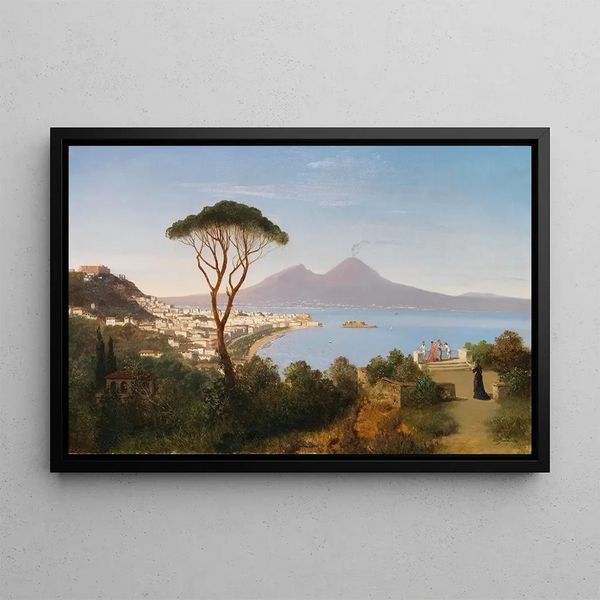 Vue de Posillipo sur la vaste baie de Naples avec le Vésuve fumant - Albert Zimmermann — framed artwork on a wall