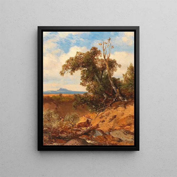 Deer fleeing in the foothills of the Alps - Albert Zimmermann — framed artwork on a wall