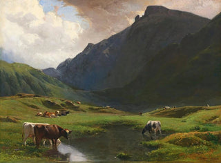 Alpine landscape painting with cows and goats - Albert de Meuron — artwork view