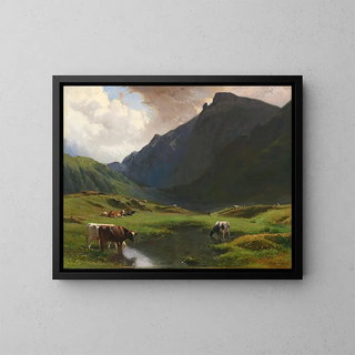 Alpine landscape painting with cows and goats - Albert de Meuron — framed artwork on a wall