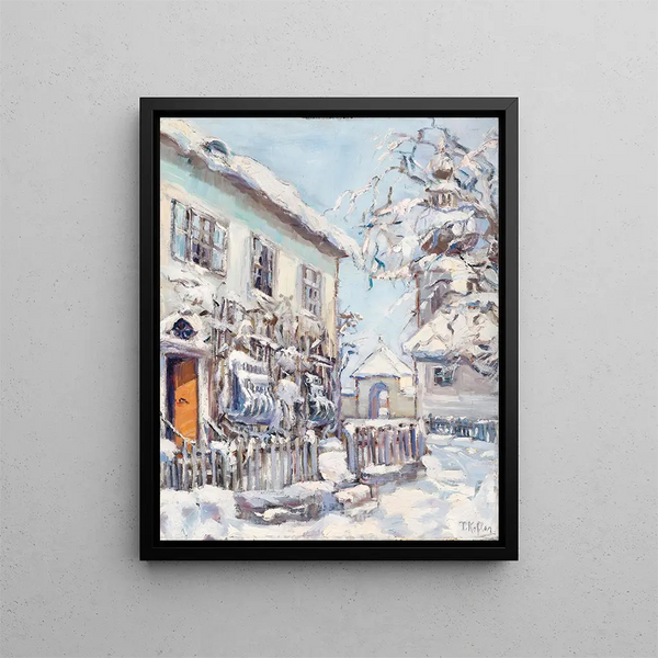 Kirchberg near Kremsmünster in the snow - Albertine Kofler — framed artwork on a wall