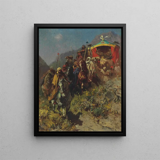A caravan on a mountain pass - Alberto Pasini — framed artwork on a wall