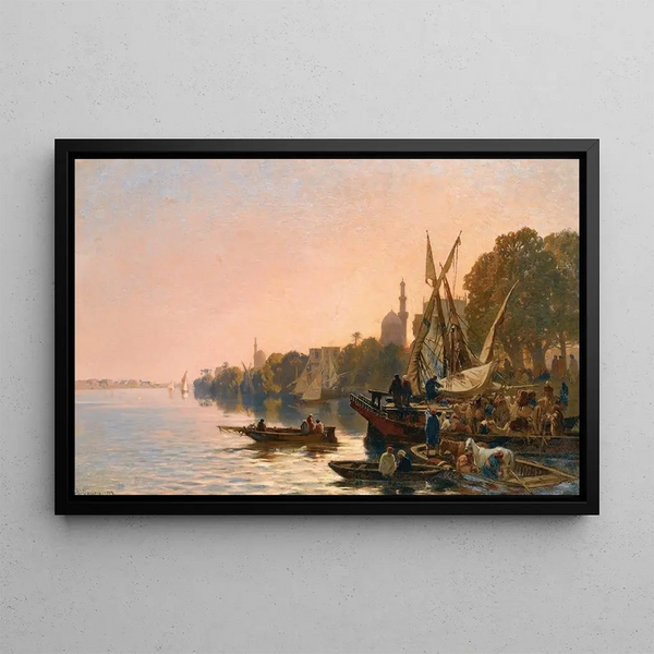 A ferry on the Nile - Alberto Pasini — framed artwork on a wall