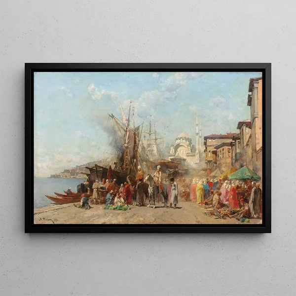 a market in front of the Nusretiye Camii mosque in Tophane Constantinople - Alberto Pasini — framed artwork on a wall
