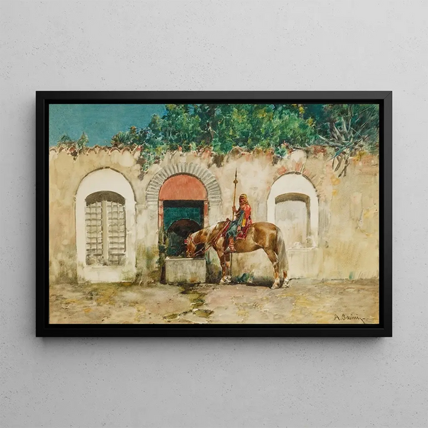 Cavalier à une fontaine - Alberto Pasini — framed artwork on a wall