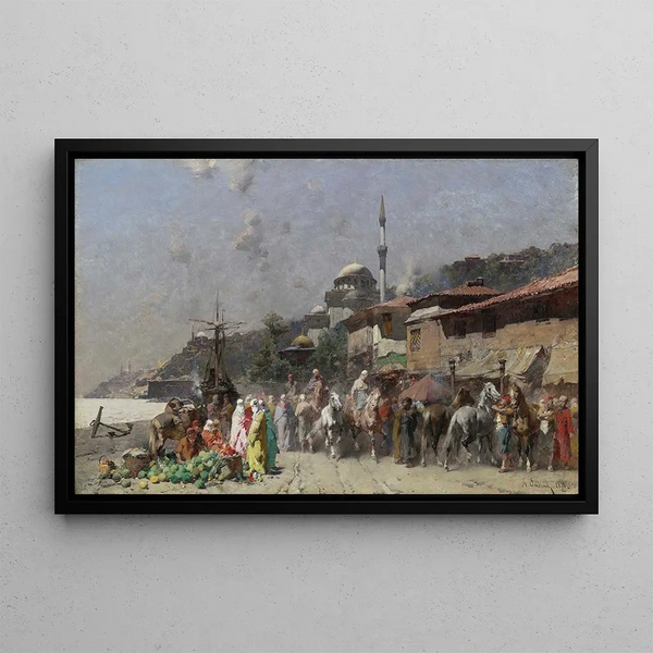 the Market on the Bosphorus in Constantinople and the New Mosque in the Distance - Alberto Pasini — framed artwork on a wall