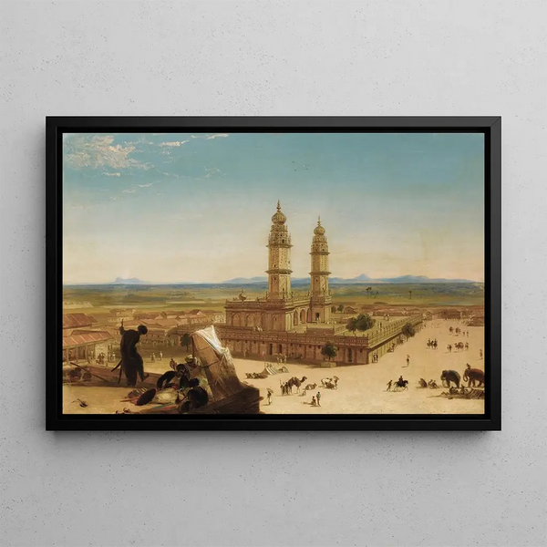 Oriental landscape painting with mosque - Alberto Pasini — framed artwork on a wall