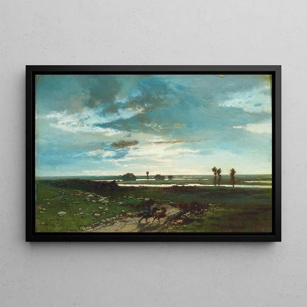 Verso sera, wild horses near a river - Alberto Pasini — framed artwork on a wall