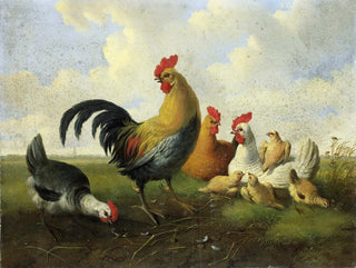 a rooster with hens and chicks - Albertus Verhoesen — artwork view