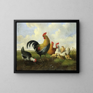 a rooster with hens and chicks - Albertus Verhoesen — framed artwork on a wall
