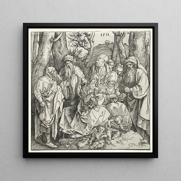 La Sainte Famille avec deux anges musiciens - Albrecht Dürer — framed artwork on a wall