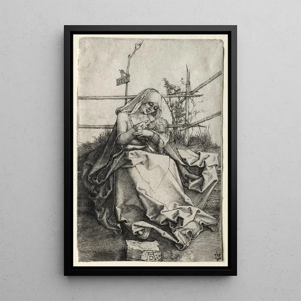 The Virgin and Child on a grassy bench - Albrecht Dürer — framed artwork on a wall