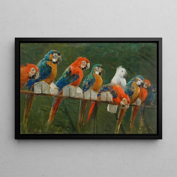 Parrots - Alceste Campriani — framed artwork on a wall