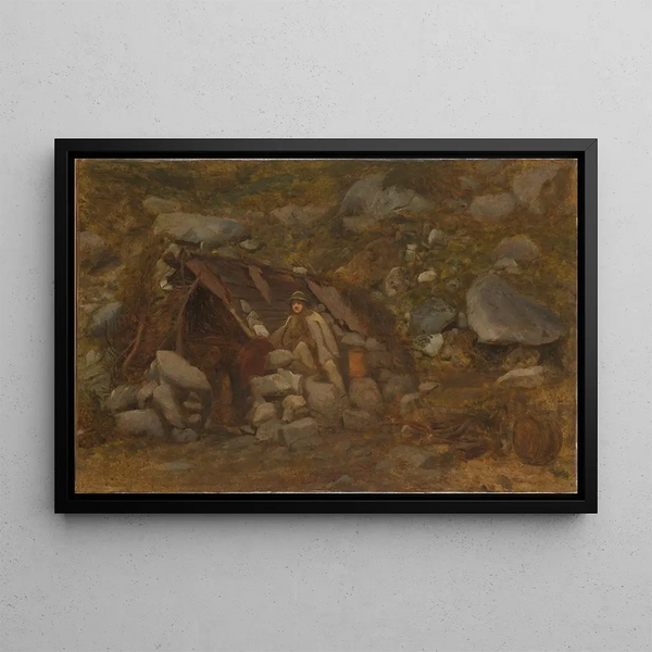 Mountainous painting in front of a hut - Aleksander Kotsis — framed artwork on a wall