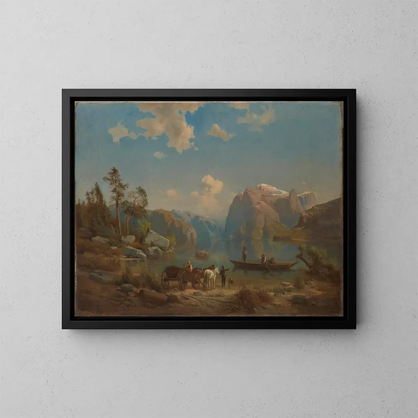 Mountain landscape painting with a lake - Aleksander Kotsis — framed artwork on a wall