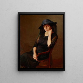 Portrait painting of Mrs. K's wife. Artists - Aleksander Krawczyk — framed artwork on a wall