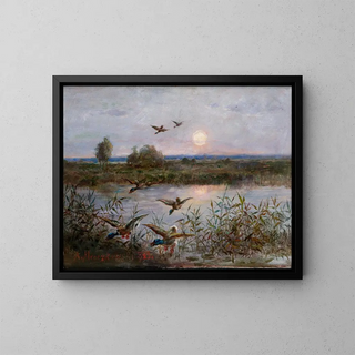 Ducks above the marshes - Aleksander Mroczkowski — framed artwork on a wall