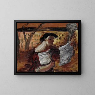 Femme avec des prospectus - Aleksandrs Drvi — framed artwork on a wall