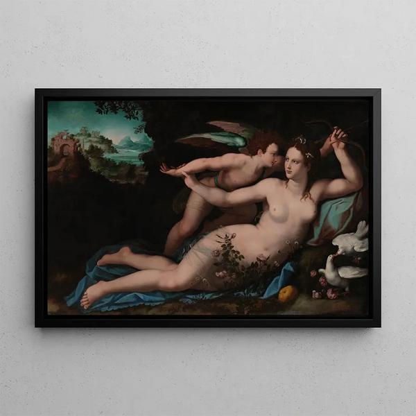 Venus disarming Cupid - Alessandro Allori — framed artwork on a wall