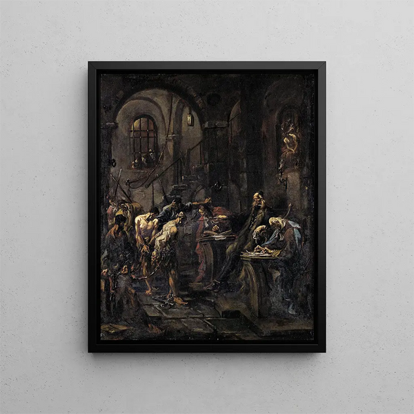 Brutal Interrogation Painting - Alessandro Magnasco — framed artwork on a wall