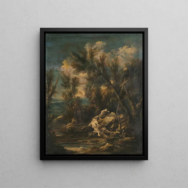 Moines Chartreux in a Landscape - Alessandro Magnasco — framed artwork on a wall