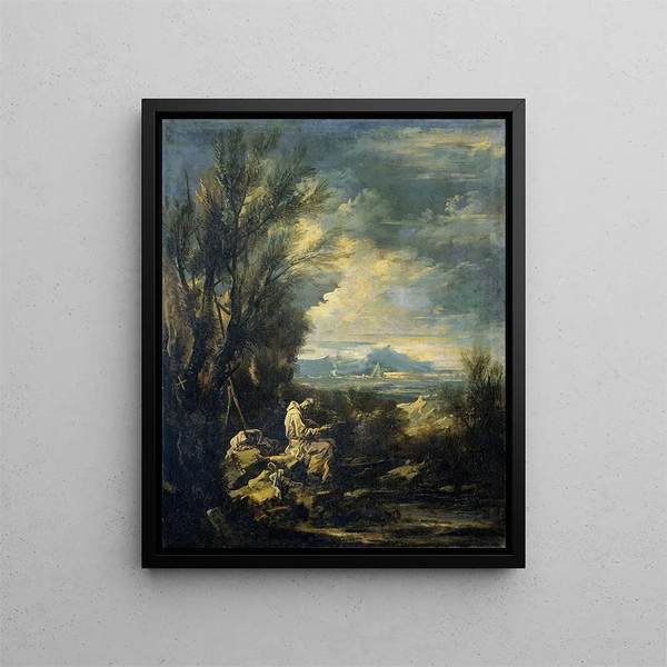 Landscape with Saint Bruno - Alessandro Magnasco — framed artwork on a wall