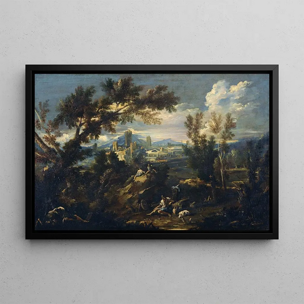Landscape with Shepherds - Alessandro Magnasco — framed artwork on a wall