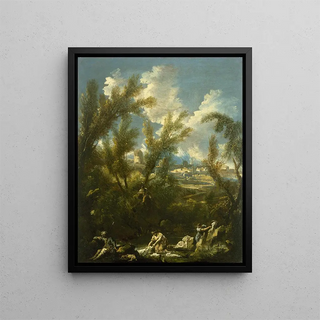 Landscape painting with the laundress - Alessandro Magnasco — framed artwork on a wall