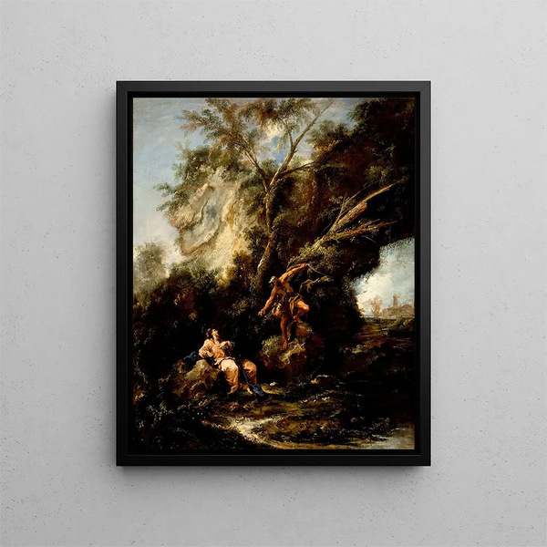 Landscape with the Temptation of Christ - Alessandro Magnasco — framed artwork on a wall