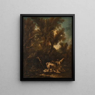 Landscape with Two Repentant Monks - Alessandro Magnasco — framed artwork on a wall