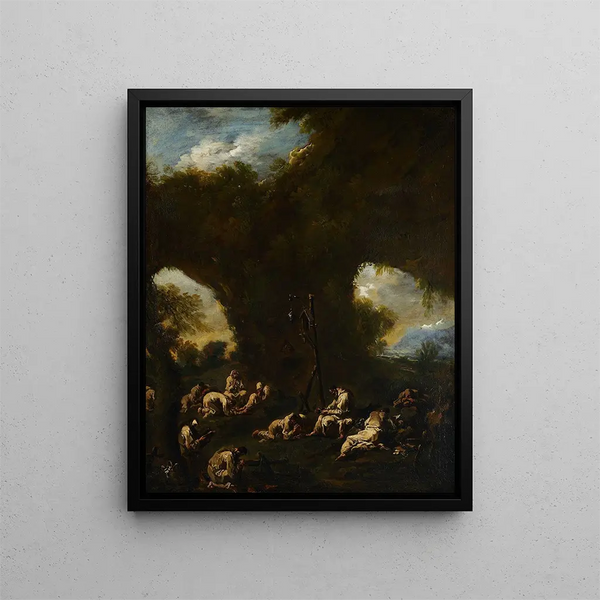 Moines praying in a cave - Alessandro Magnasco — framed artwork on a wall
