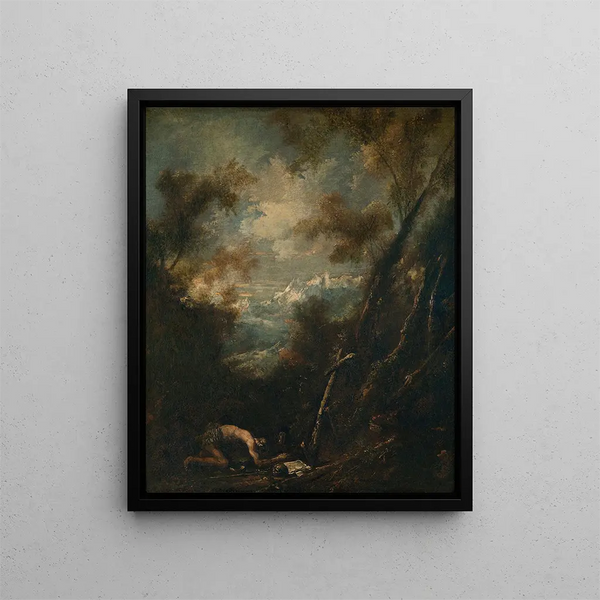 Saint Jerome in a Landscape - Alessandro Magnasco — framed artwork on a wall
