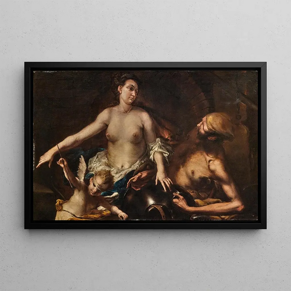 Venus in Vulcan's forge with Cupid blindfolded - Alessandro Magnasco — framed artwork on a wall
