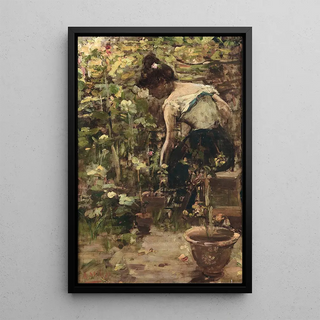 Young girl among the flowers - Alessandro Milesi — framed artwork on a wall