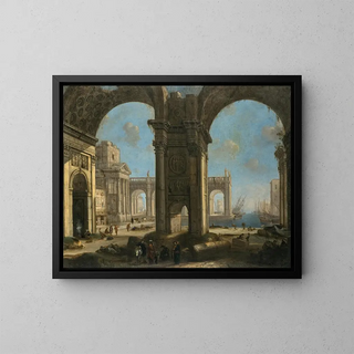 Caprice architectural with a port - Alessandro Salucci — framed artwork on a wall