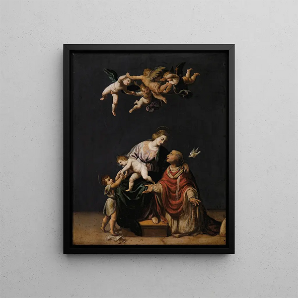 The Pope Gregory Intercedes with the Virgin Jesus Christ and Saint John the Baptist - Alessandro Turchi — framed artwork on a wall