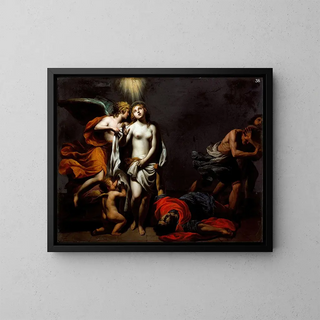 Sainte Agnès protégée par un ange - Alessandro Turchi — framed artwork on a wall