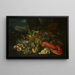 a basket of lemons, asparagus, peaches, a melon, plums, grapes, and other fruits with a lobster in a landscape - Alexander Coosemans — framed artwork on a wall
