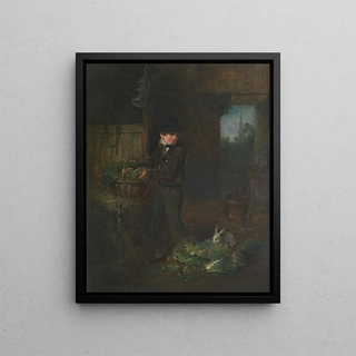 Boy feeding rabbits - Alexander George Fraser — framed artwork on a wall